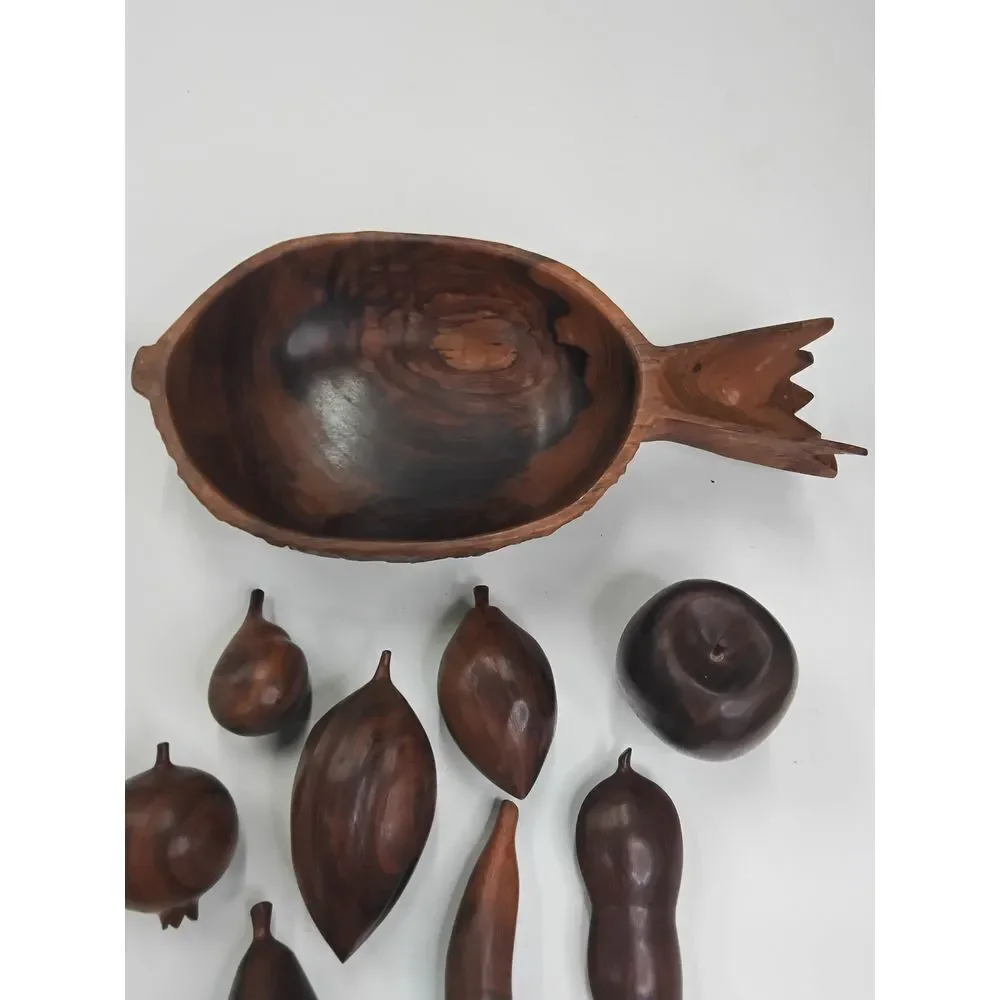 Carved Wooden Fruit Bowl Set Decorative Carved Pineapple Design w/8 Fruit Pieces